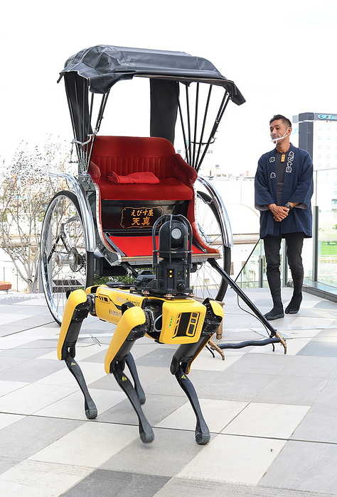 Robots are demonstrated at the Haneda Innovation City September 18, 2020, Tokyo, Japan   Softbank s subsidiary Boston Dynamics  quadruped robot  Spot  demonstrates its skill at a press preview for the smart robot project at the Haneda Innovation City near the Haneda airport in Tokyo on Friday, September 18, 2020.         Photo by Yoshio Tsunoda AFLO 