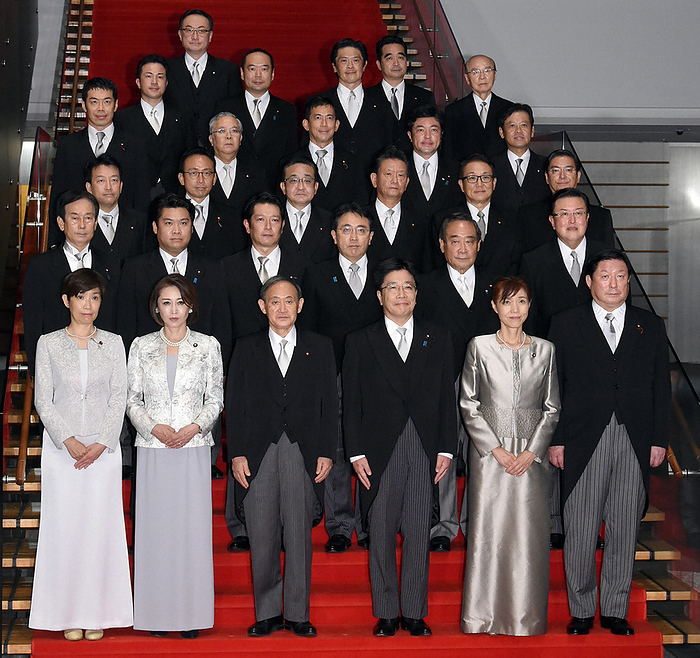 After the certification ceremony at the Imperial Palace, the vice ministers pose for a commemorative photo with Prime Minister Yoshihide Suga  front row, center left  and Chief Cabinet Secretary Katsunobu Kato  front row, right . In the front row, second from the left is Deputy Minister of Health, Labor and Welfare Junko Mihara. After the certification ceremony at the Imperial Palace, the deputy ministers pose for a commemorative photo with Prime Minister Yoshihide Suga  front row, center left  and Chief Cabinet Secretary Katsunobu Kato  front row, right . In the front row, second from the left is Deputy Minister of Health, Labor and Welfare Junko Mihara.