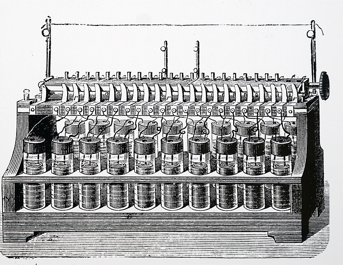 Engraving depicting a secondary battery Engraving depicting a secondary battery. Battery of rectangular form of Plante cells  accumulator .