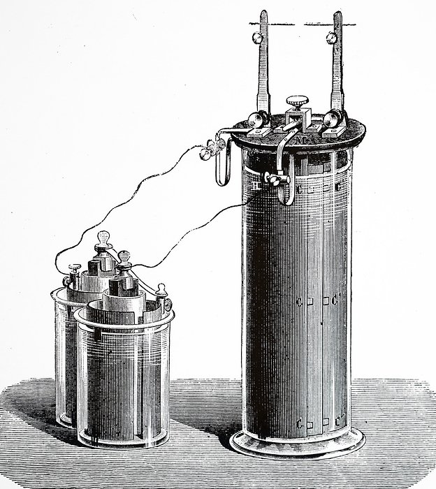 Engraving depicting a secondary battery Engraving depicting a secondary battery. Plante cell  accumulator  of 1860: glass vessel containing spiral lead plates in dilute sulphuric acid. Shown here being charged by two Bunsen cells.