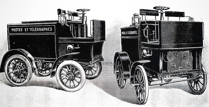 Engraving depicting an electric delivery van built by Milde Engraving depicting an electric delivery van built by Milde for the French postal service.
