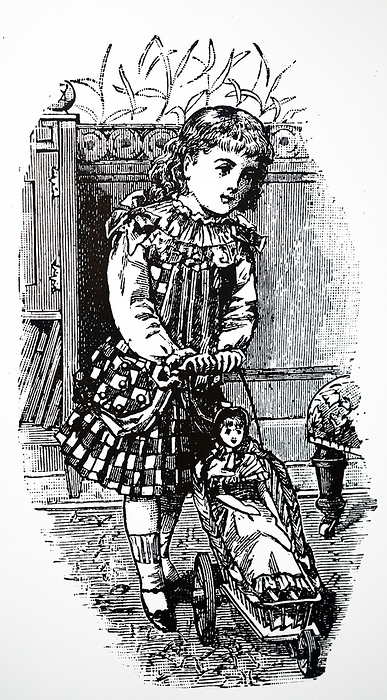 Engraving depicting a young girl with her doll Engraving depicting a young girl pushing her doll in a doll sized pram.