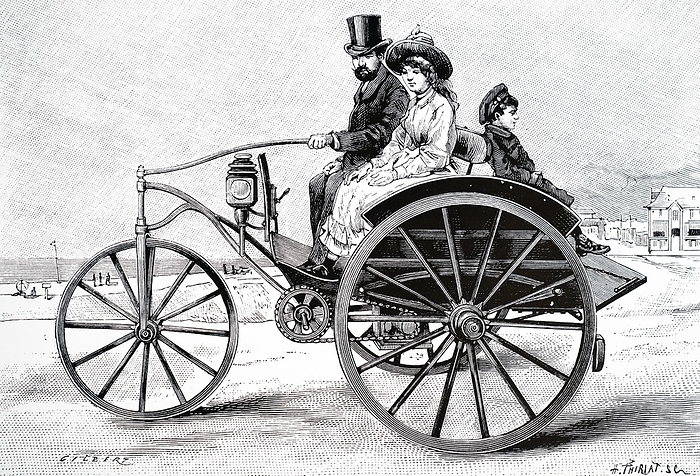 Engraving depicting Magnus Volk s electric dog cart Engraving depicting Magnus Volk s electric dog cart. The vehicle was powered by battery and could run for six hours without recharging and was capable of a speed of 9 mph on a good surface with two passengers.