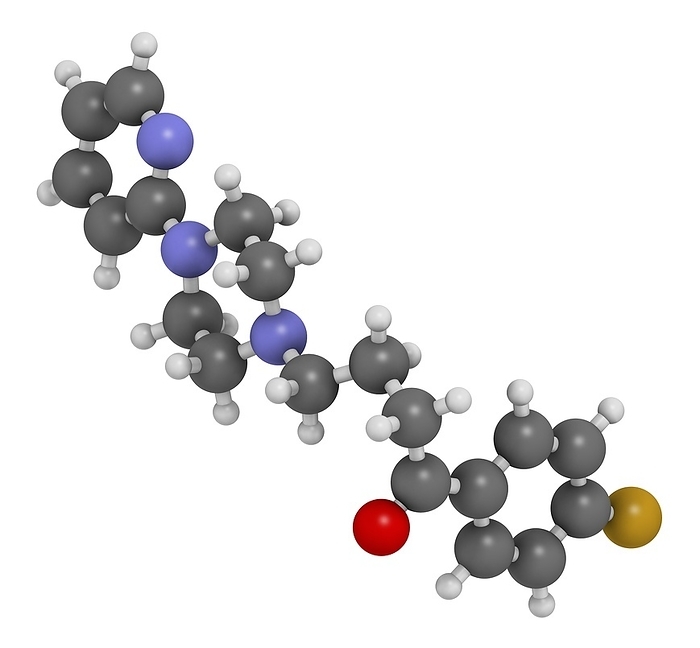 Azaperone antipsychotic drug molecule Azaperone antipsychotic drug molecule. 3D rendering. Atoms are represented as spheres with conventional colour coding: hydrogen  white , carbon  grey , nitrogen  blue , oxygen  red , fluorine  gold .
