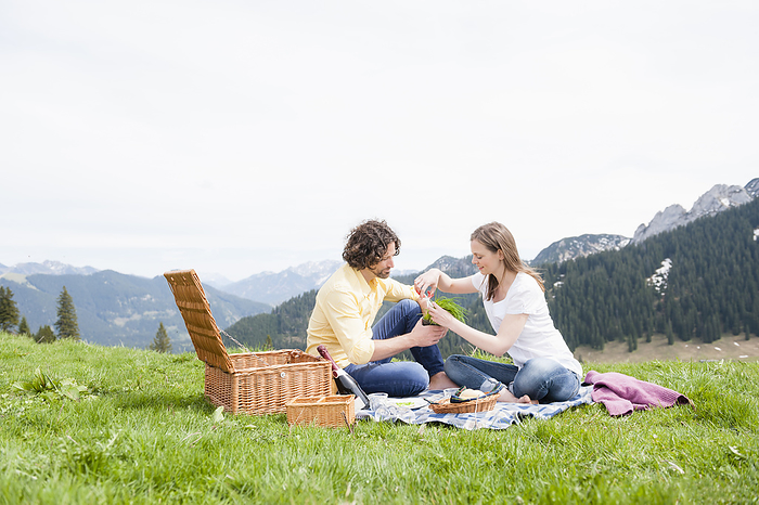 Mid adult couple enjoying picnic on grass against clear sky