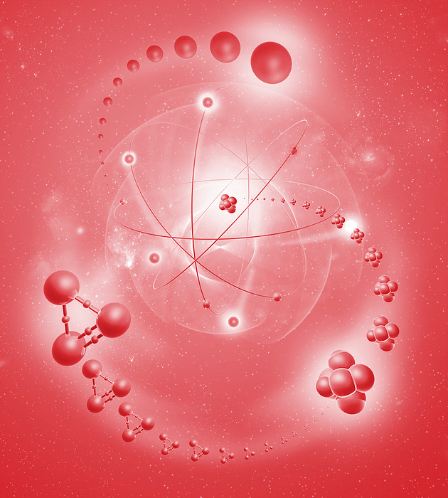 Atom, artwork Atomic structure. Conceptual computer artwork of nine electrons orbiting a central nucleus. Other particles are seen around the atom. This is a classical schematic Bohr model of an atom. In quantum physics it is thought that the electrons do not actually follow a defined orbit, but instead inhabit areas of probability around the nucleus. Nuclei without any orbiting atoms are at bottom right. Lone electrons are at top. At left are protons, positively charged subatomic particles that are made up of three quarks held together by gluons.