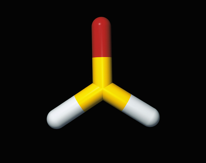 Computer graphic of a molecule of methanal Methanal. Computer illustration of a molecule of methanal, or formaldehyde  formula HCHO . Atoms are depicted as cylinders and are colour coded: carbon  yellow , hydrogen  white  and oxygen  red . Methanal is a colourless gas with a pungent odour. It is soluble in water up to 52 . A commercial solution, formalin, contains about 37  methanal, and is used for sterilisation and the preservation of biological specimens. Methanal is also used in the manufacture of urea, phenol, and poly formaldehyde resins.