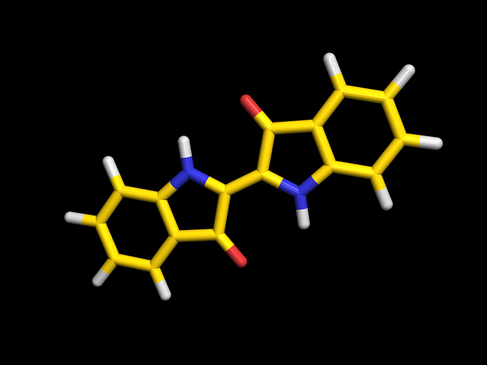 Indigo dye molecule Indigo. Computer graphic of a molecule of the dye indigo  C16.H10.N2.O2 . The atoms  tubes  of the molecule are colour coded: carbon  yellow , oxygen  red , hydrogen  white  and nitrogen  blue . An oxidised form of indigo  indigo blue  is used as a blue dye. Indigo, which used to be extracted from the leaves of a plant, is now manufactured synthetically.