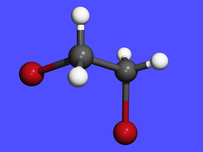 Dibromoethane molecule Dibromoethane molecule. Computer generated molecular model of 1,2 dibromoethane  ethylene dibromide, BrCh2.Ch2Br . Carbon atoms are black, hydrogen are white, and bromine are red. 1,2  dibromoethane is a colourless, sweet smelling liquid. It is manufactured by passing ethene through bromine, or through a mixture of bromine and water. 1,2 dibromoethane was used in leaded petrols to combine with lead formed from the decomposition of lead tetraethyl. It is also used to fumigate stored fruit and vegetable produce to kill pests.