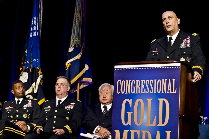 Highest Medal of Honor for U.S. Gen. II Corps United States Congressional Gold Medal  Image courtesy of the U.S. Army  U.S. Army Chief of Staff Gen. Raymond T. Odierno delivers the keynote address during WWII Nisei Veterans Program National Veterans Network tribute to the 100th Infantry Battalion, 442nd Regimental Combat Team and Military Intelligence Service Nov. 1, 2011 in Washington, D.C.  U.S. Army photo by Staff Sgt. Teddy Wade AFLO   0006 