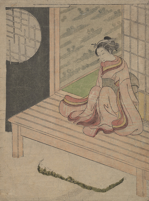 A Young Woman Seated upon the Engawa of a House, ca. 1765., ca. 1765. Creator: School of Suzuki Harunobu. A Young Woman Seated upon the Engawa of a House, ca. 1765.