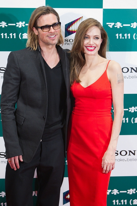 Brad Pitt and Angelina Jolie, Nov 09, 2011 : Tokyo, Japan - US actor Brad Pitt (left) and US actress Angelina Jolie (right) attend the Japan red carpet premiere for the film 'Moneyball'. The film will be released in Japanese theaters from November 11. (Photo by Christopher Jue/Nippon News)