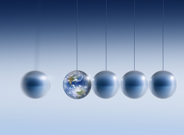 Newtonian Earth, conceptual illustration Conceptual illustration of the Earth as one of the balls in a Newton s cradle. This image can represent concepts such as the impact and effect of physical laws on the Earth s environment. A Newton s cradle device consists of a number of steel balls suspended from a frame  not seen  in a horizontal line. Here, one ball on the end  left  has been pulled back and allowed to swing forward and downward under gravity. When it impacts the stationary line of balls, its momentum is transferred along the line, causing the ball on the opposite end to move upwards to a similar height. This sequence of impacts continues until all the initial energy has been lost to friction and sound.