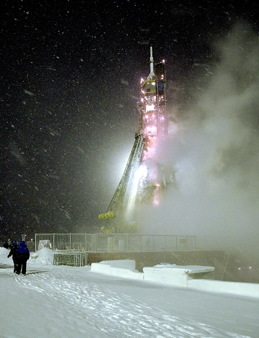 Launch of  Soyuz Noguchi and other replacement crew members  Image provided by NASA  The Soyuz TMA 22 rocket is seen on the launch pad during a snow storm the morning of the launch of Expedition 29 to the International Space Station at the Baikonur Cosmodrome in Kazakhstan, Monday, Nov. 14, 2011.  Photo by NASA AFLO   3133 