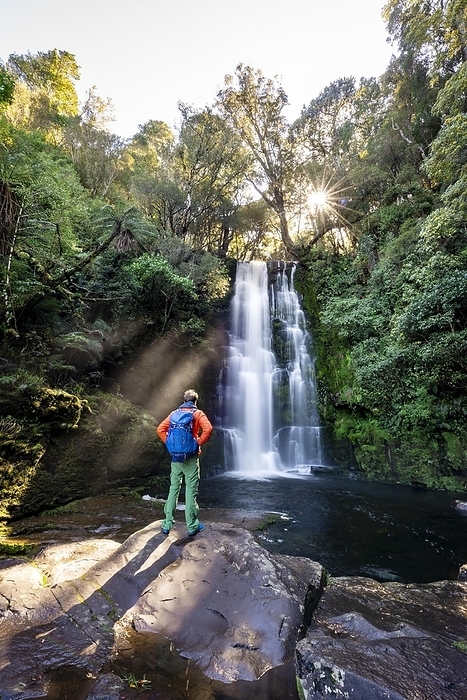 Hiker at McLean Waterfall, Sun Star, Catlins, Otago, South Island, New Zealand, Oceania