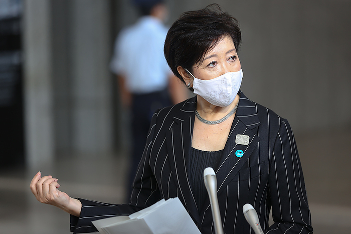 New corona infection Observation of measures for tourist buses Tokyo Governor Yuriko Koike of the Tokyo Metropolitan Government hangs out with the press after the Tokyo Bus Association s  Sightseeing Bus Onboard Ventilation Demonstration  ceremony, October 1, 2020.  Photo by Pasya AFLO 