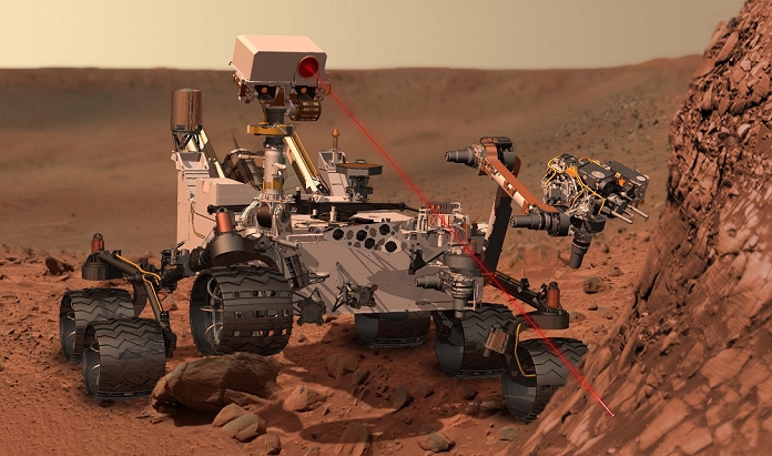 Successful launch of Mars rover Investigating the Possibility of Life  Image provided by NASA  This artist s concept depicts the rover Curiosity, of NASA s Mars Science Laboratory mission, as it uses its Chemistry and Camera  ChemCam  instrument to investigate the composition of a rock surface. ChemCam fires laser pulses at a target and views the resulting spark with a telescope and spectrometers to identify chemical elements. The laser is actually in an invisible infrared wavelength, but is shown here as visible red light for purposes of illustration.  Photo by NASA AFLO   3133 
