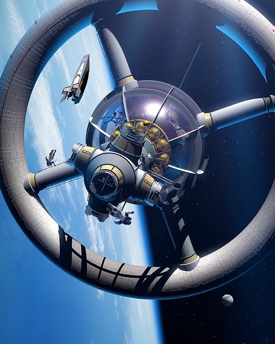 Space hotel Space hotel. Artwork of a futuristic space hotel in Earth orbit. At top left is a passenger shuttle. Two tourists are practising a space walk, while three others are within the glass capsule, floating in micro gravity conditions.