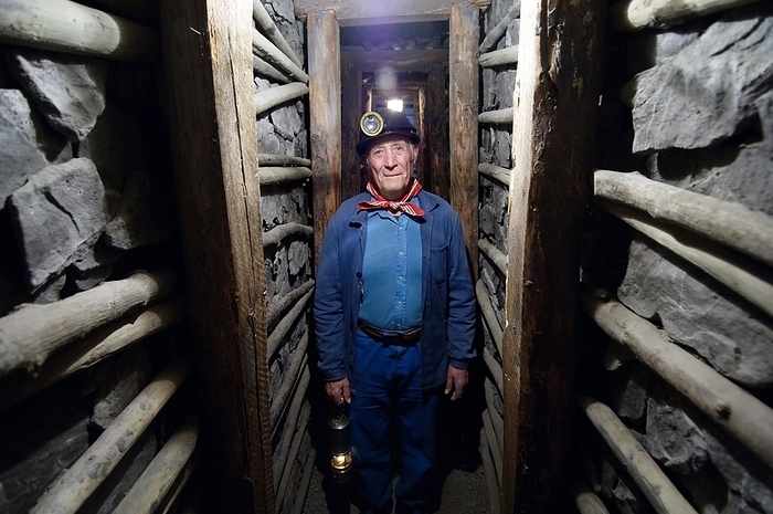 Historical coal mine, Belgium Historical coal mine. Ex miner turned tour guide posing in a recreated tunnel at the Bois du Cazier coal mine. This mine was founded in 1822. On 8th August 1956 a fire killed 262 of the 275 miners in the mine at the time. The whole colliery has recently been renovated as part of a Belgian initiative to preserve their industrial heritage. Today this former colliery, is a major cultural site and tourist destination in the Charleroi region. Photographed at the Bois du Cazier colliery, Marcinelle, Belgium.