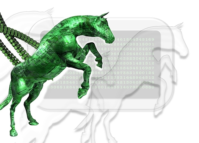 Trojan horse, conceptual artwork Trojan horse, conceptual computer artwork. The trojan horse, a type of malicious computer program, is represented by the horse figure  green , which is covered by electronic circuitry designs, and has leads plugged into it. In the background is a display of numbers representing the information held in a computer. A trojan is a destructive program disguised as a benign application. It can cause major problems such as deletion of data but, unlike a computer virus, is unable to replicate.