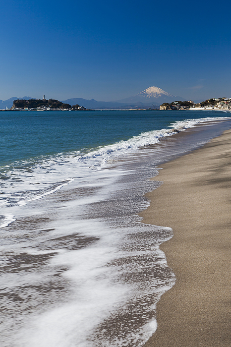 Enoshima Island and Mt. Fuji from Shichirigahama Beach, Kamakura City, Kanagawa Prefecture