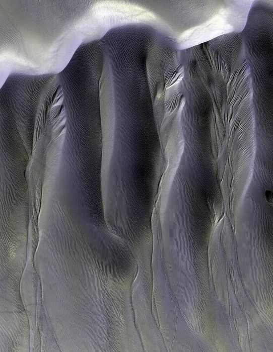 Gullies on martian sand dunes Gullies on Martian sand dunes. Coloured satellite image of Martian sand dunes with gully like features. The source of the gullies is not known. They may have been carved in the past by liquid water, or may be a result of recent landslides. The rippled surface of the sand dunes is caused by wind action. Image obtained by the High Resolution Imaging Science Experiment  HiRISE  camera on NASA s Mars Reconnaissance Orbiter  MRO  on 27th July 2009. The width of this image is roughly 1.1 kilometres across.