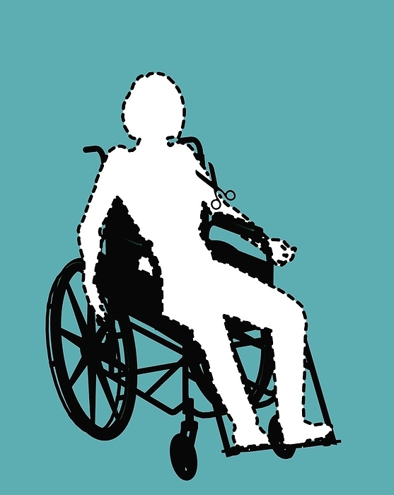 Isolation through disability, artwork Isolation through disability, conceptual artwork, Computer image of a cut out of a person sitting in a wheelchair, representing the social isolation felt by many wheelchair users.