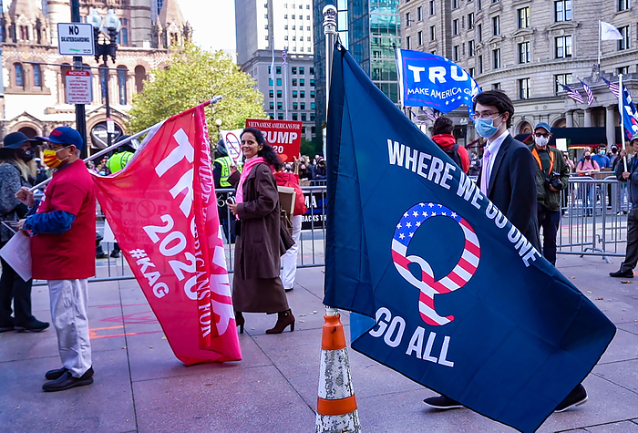 Trump rally in Boston October 18, 2020, Copley Square, Boston, Massachusetts, USA: QAnon flag stands during a rally in support of U.S. President Donald Trump sponsored by Super Happy Fun America, in Boston.  Photo by Keiko Hiromi AFLO  