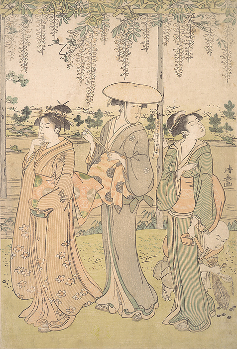 Three Women and a Small Boy beneath a Wisteria Arbor on the Bank of a Stream, ca. 1790. Creator: Torii Kiyonaga. Three Women and a Small Boy beneath a Wisteria Arbor on the Bank of a Stream, ca. 1790.