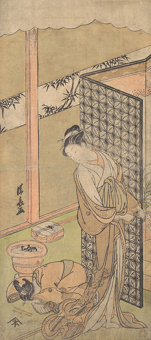 An Oiran in Night Attire, pausing, with one Hand on the Screen that Surrounds Her Bed,..., ca. 1770. Creator: Torii Kiyonaga. An Oiran in Night Attire, pausing, with one Hand on the Screen that Surrounds Her Bed, ca. 1770.