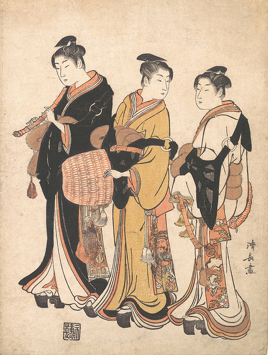 Three Young Women Masquerading as Komuso  Strolling Minstrel , ca. 1778. Creator: Torii Kiyonaga. Three Young Women Masquerading as Komuso  Strolling Minstrel , ca. 1778.