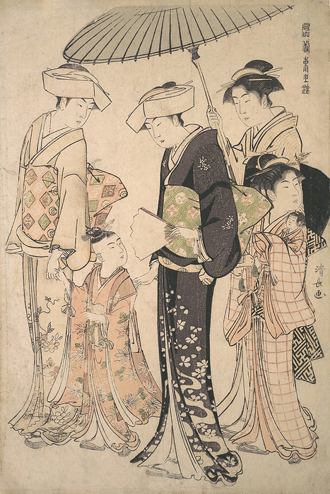Two Women in Summer Costume Taking a Young Girl to a Shinto Temple for the Miya Mairi ..., ca. 1783. Creator: Torii Kiyonaga. Two Women in Summer Costume Taking a Young Girl to a Shinto Temple for the Miya Mairi Ceremony, ca. 1783.