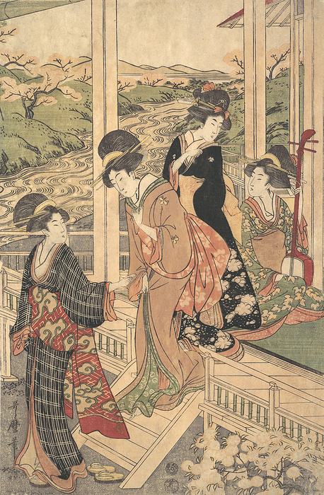 Group of Women on the Engawa of a Country House, in the time of the Cherry Blossoming,..., ca. 1806. Creator: Utamaro II. Group of Women on the Engawa of a Country House, in the time of the Cherry Blossoming, ca. 1806.