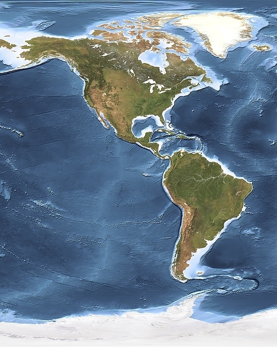 North and South America, satellite image North and South America, satellite image. This map combines cloud free satellite images on land with detailed ocean depth measurements  bathymetry  for the oceans. Ocean depth is colour coded from blue white at sea level to dark blue in the deep ocean plains and trenches. The bathymetry data combines satellite radar altimeter data and ship surveys from the GEBCO  General Bathymetric Chart of the Oceans  Digital Atlas. The land satellite imagery is from the AVHRR  Advanced Very High Resolution Radiometer  sensor on the NOAA Polar Orbiter weather satellites. Lakes and rivers are overlaid from a digital map.