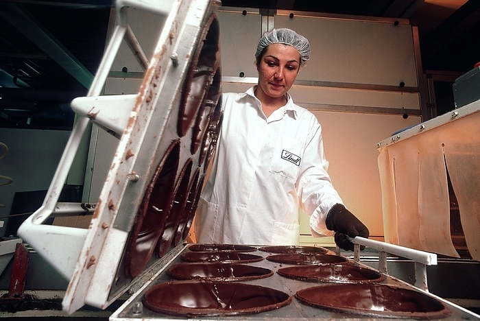Chocolate egg production Chocolate egg production. Worker checking the thickness and consistency of chocolate in egg shaped moulds.