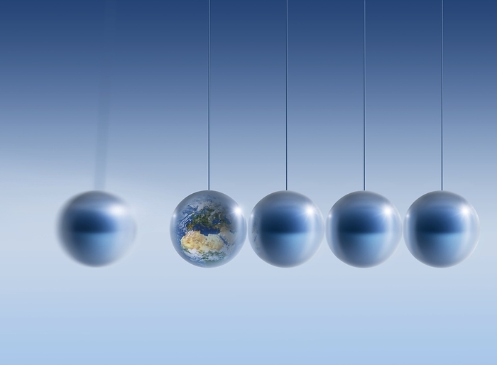 Newtonian Earth, conceptual artwork Newtonian Earth. Conceptual artwork of the Earth as one of the balls in a Newton s cradle. This image can represent concepts such as the impact and effect of physical laws on the Earth s environment. A Newton s cradle device consists of a number of steel balls suspended from a frame  not seen  in a horizontal line. Here, one ball on the end  left  has been pulled back and allowed to swing forward and downward under gravity. When it impacts the stationary line of balls, its momentum is transferred along the line, causing the ball on the opposite end to move upwards to a similar height. This sequence of impacts continues until all the initial energy has been lost to friction and sound.