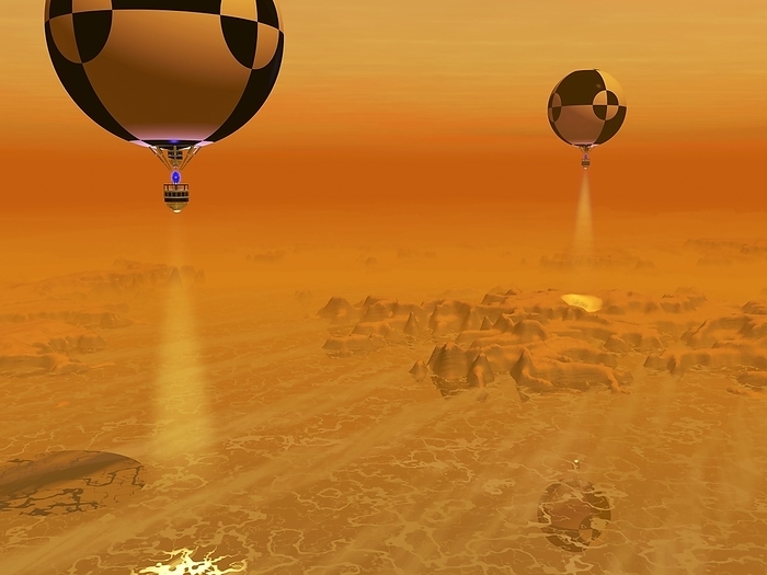 Titan exploration, artwork Titan exploration. Artwork of balloon borne probes surveying a swamp of ethane and methane on Saturn s moon Titan.