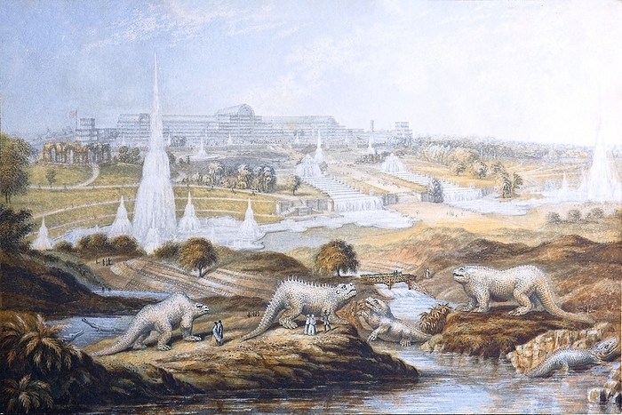 1854 Crystal Palace Dinosaurs by Baxter 2 1854. Sydenham Crystal Palace with Benjamin Waterhouse Hawkins  dinosaur sculptures in the foreground. 11cm x 16.3 cm. Miniature colour print by the George Baxter patent process of mutiple ink blocks. This version of the print is softened and colour corrected for age toning to provide the best image. Benjamin Waterhouse Hawkins  sculptures were the first models of dinosaurs ever produced, and all the more striking for being life size. Left to right they are in the water left Teleosaurus, first on land Megalosaurus, Hyaeolosaurus, Labyrinthdont    , Iguanodon, and unidentified far right. They caused a sensation in Victorian England and ushered in the dinosaurs  enduring popularity with the general public. The models still survive in Sydenham Park, though the Crystal Palace was destroyed by fire. Original print in the collection of Paul D. Stewart.