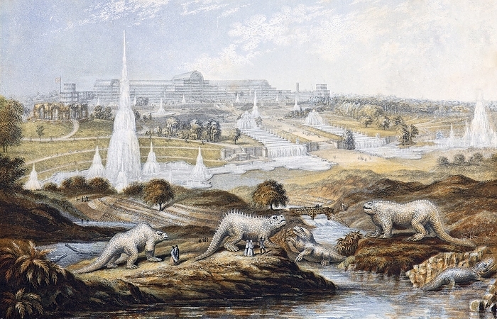 1854 Crystal Palace Dinosaurs by Baxter 1 1854. Sydenham Crystal Palace with Benjamin Waterhouse Hawkins  dinosaur sculptures in the foreground. 11cm x 16.3 cm. Miniature colour print by the George Baxter patent process of mutiple ink blocks. This photo version is sharp to show the pointilistic production process. Benjamin Waterhouse Hawkins  sculptures were the first models of dinosaurs ever produced, and all the more striking for being life size. Left to right they are in the water left Teleosaurus, first on land Megalosaurus, Hyaeolosaurus, Labyrinthdont    , Iguanodon, and unidentified far right. They caused a sensation in Victorian England and ushered in the dinosaurs  enduring popularity with the general public. The models still survive in Sydenham Park, though the Crystal Palace was destroyed by fire.