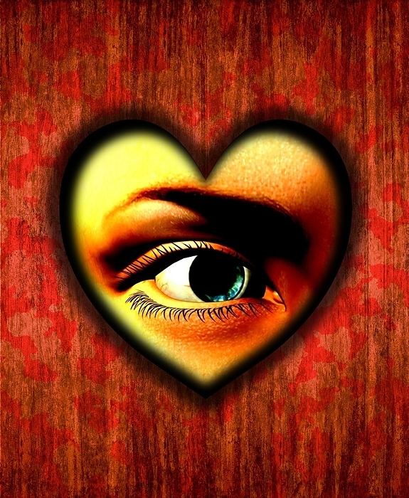 Voyeurism, conceptual artwork Voyeurism. Conceptual artwork of a female eye looking through a heart shaped hole. This represents a stalker or voyeur, who is spying through a hole in a wall or door.