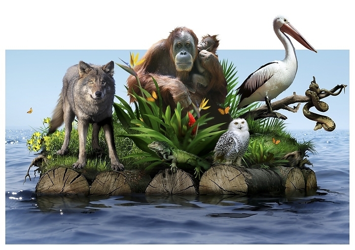 Endangered animals, conceptual image Endangered animals. Conceptual image of various animals and plants, some of which are endangered, flowing on a log raft in the sea. The animals include a wolf, a mother and baby orangutan, an iguana, and own, a snake, and a pelican. The raft may represent diminishing natural habitats.