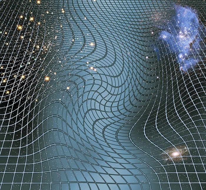 Gravity waves in space time, artwork Gravity waves in space time, with stars and galaxies, artwork. Space time, the treatment of space and time as a unified whole, was developed by Einstein in his theories of Relativity. Here, space time is represented by the grid. Ripples in the grid represent gravity waves, which are fluctuations in the curvature of space time which propagate as a wave, travelling outward from their source. The source of the gravity waves could be a massive object, or some high energy event.