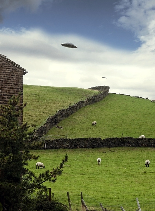 UFO sighting UFO sighting. Photomontage depicting an observation of an Unidentified Flying Object  UFO  over a rural farming area. UFOs are observed in a variety of places and times. Suggested explanations range from weather phenomena to secret military aircraft.