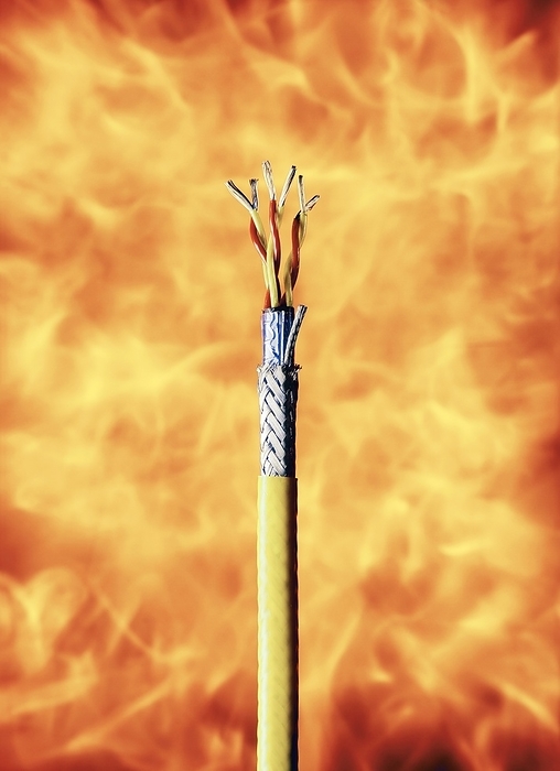 Flame resistant cable Flame resistant cable, with the layers successively cut away to show its structure. Sheathed in fireproof materials, this cable can resist the high temperatures generated during a fire, or in proximity to machinery running at high temperatures.