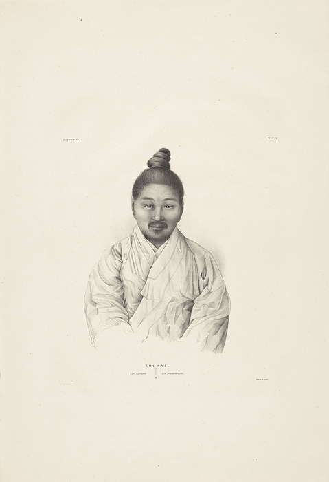 Portrait of an unknown Korean man A sailor (title on object) Koorai (series title on object), The subject is portrayed frontally. He wears a mustache, small beard and has a hearth on the head. Under the portrait his profession: sailor. left: Nippon VII and top right: TAB. VI, historical persons ((full) bust portrait), Asiatic races and peoples, James Erxleben (mentioned on object), 1832 - 1852, paper, h 555 mm × w 380 mm