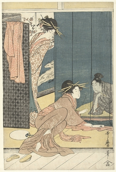 Two courtesans and a young man under a mosquito net, Courtesan in kimono with pattern of chrysanthemums, sliding a folded letter to man with pipe behind Mosquito net, second courtesan watching from behind the folding screen, in the background a screen with a painting of river and plum blossom. Utamaro (mentioned on object), Tokyo, 1793 - 1797, paper, color woodcut, h 377 mm × w 247 mm