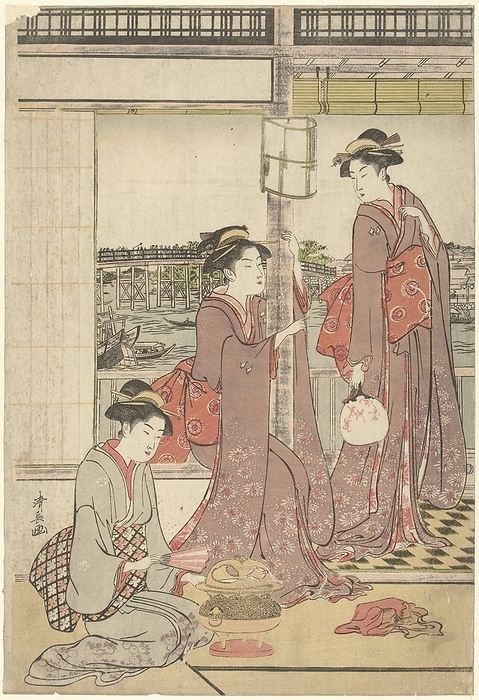 Moon Party, Three women in a room overlooking the Sumida River and Rogoku Bridge, woman with fan standing on porch, talking with woman in the same dress Left sheet of triptych., Torii Kiyonaga (mentioned on object), Japan, 1785 - 1789, paper , color woodcut, h 386 mm × w 262 mm