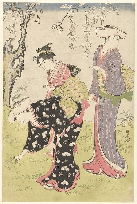Two women and a girl under a blossoming cherry tree Brocades with customs and customs in the East (series title) Fuzoku Azuma no nishiki (series title), Japan, 1782 - 1786, paper, color woodcut, h 380 mm × w 252 mm Torii Kiyonaga (mentioned on object), Japan, 1782 - 1786, paper, color woodcut, h 380 mm × w 252 mm