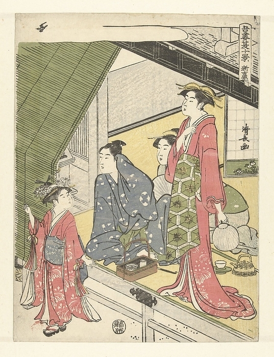 The New Yoshiwara Shin Yoshiwara (title on object) Ten summer scenes in the Eastern capital (series title) Azuma natsu jukkei (series title on object), View of room in teahouse, kamuro (youngest help of courtesan), standing outside the room, pointing up at cuckoo and looking back at standing courtesan View of room in teahouse, kamuro (youngest help of courtesan), standing outside the room, pointing up at cuckoo and looking back at standing courtesan View of room in teahouse, kamuro (youngest help of courtesan), standing outside the room, pointing up at cuckoo and looking back at standing courtesan with fan in left hand next to it, seated, man in blue kimono with hand to ear and manager of the teahouse. 1788, paper, color woodcut, h 259 mm × w 193 mm