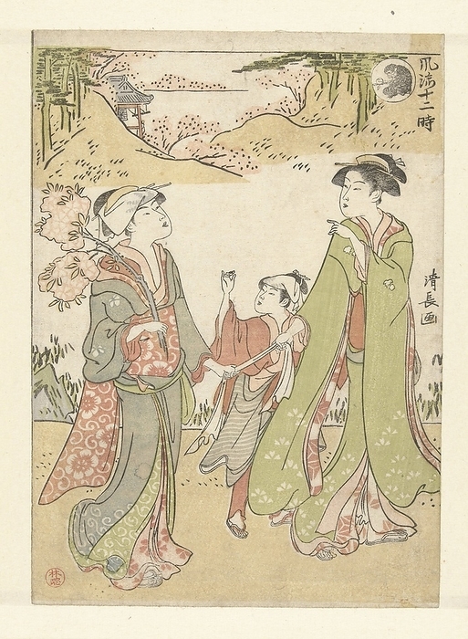 The hour of the monkey Elegant representations of the twelve hours (series title) Furyu junitoki (series title on object), Two women and a child walking among flowering trees, woman with a blossom branch in hands looking up at a cartouche at the top right, in which a monkey, referring to the time between four and six o'clock in the afternoon, in the background a bell tower of a temple., Torii Kiyonaga (mentioned on object), Japan, 1785 - 1789, paper, color woodcut, h 223 mm × w 158 mm